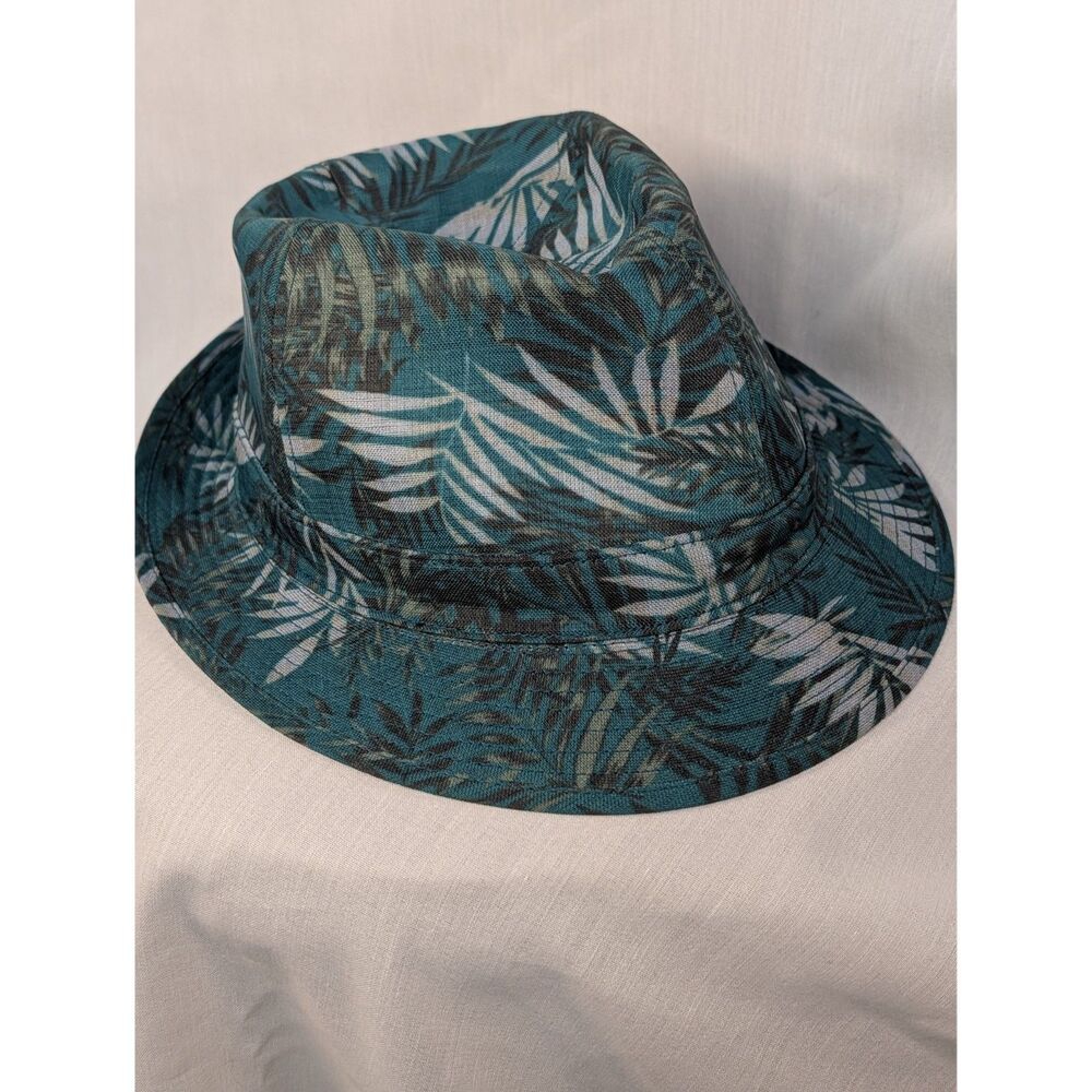 Tropical Print Fedora Hat Teal Palm Leaves Summer Beach Vacation